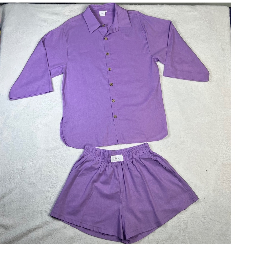 YOLA Purple Cotton Linen Blend 2 Piece Set Shirt and Shorts Women's Small